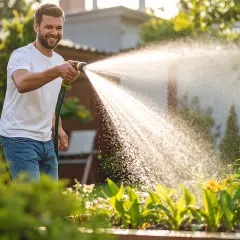 Un homme arrose son jardin avec un jet d'eau. Il se demande peut-on arroser avec de l'eau verte ? Les plantes semblent apprécier.