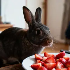 Un adorable lapin gris regarde une assiette de fraises coupées. Il semble prêt à déguster ce délice fruité.