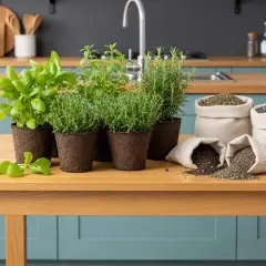 Plantes aromatiques en pots et sacs de terreau sur une table en bois. Quel terreau pour plantes aromatiques ? Le bon choix pour un jardin savoureux.