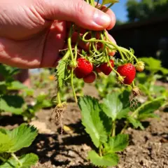 Main d'une personne tenant une grappe de fraises fraîchement cueillies, avec un champ de fraisiers en arrière-plan.