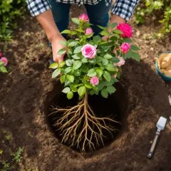 Un homme s'apprête à planter un rosier aux fleurs roses dans un trou béant, entouré d'autres rosiers en fleurs.