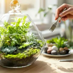 Un terrarium abrite une **plante d'intérieur et d'extérieur** luxuriante, entretenue avec soin par une main tenant une petite fourche.