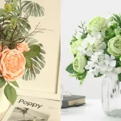 Comment faire un bouquet de fleurs artificielles : deux exemples, l'un avec des roses pêche et des dahlias, l'autre avec des pivoines et hortensias verts et blancs.