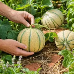 Mains tenant un plant de melon mûr, prêt à être cueilli. D'autres melons sont visibles dans le jardin luxuriant.