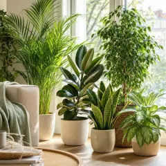 Un salon lumineux avec plusieurs plantes d'intérieur luxuriantes, dont un ficus et un caoutchouc, créant une ambiance tropicale. Chaque plante d'intérieur qui aime la chaleur prospère près de la fenêtre.