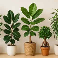 Cinq plantes d'intérieur aux feuillages variés, présentées sur un fond clair.