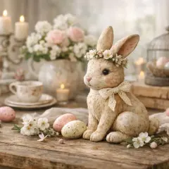 Lapins, œufs et fleurs composent une scène de Pâques charmante. Une belle idée déco pour Pâques, pleine de douceur.