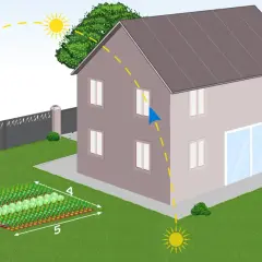 Un plan potager débutant montre un potager bien organisé, avec des rangées de légumes, près d'une maison. Le soleil suit sa course, indiquant l'exposition idéale.