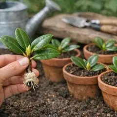 Une main tient un jeune rhododendron prêt à être planté. Des pots en terre cuite remplis de terre et un arrosoir sont visibles en arrière-plan, illustrant comment planter un rhododendron.