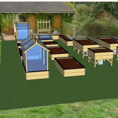 Un modèle de jardin potager avec des carrés surélevés, des mini-serres et une structure en bois, prêt à accueillir des plantations.