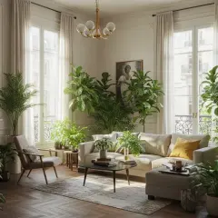 Salon parisien baigné de lumière, orné de nombreuses plantes d'intérieur luxuriantes. Un canapé confortable, une cheminée et des fenêtres donnant sur la ville.