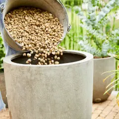 Une personne verse des billes d'argile dans un pot en béton, préparant un substrat plante intérieur.