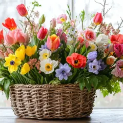 Panier débordant de tulipes, jonquilles et autres fleurs printanières, une parfaite fleur du mois d'avril.
