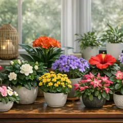Un joyeux bouquet de fleur interieur aux couleurs vives : orchidées roses, anthuriums rouges, gardénias blancs, et des fleurs violettes, jaunes, roses et oranges éclatantes.
