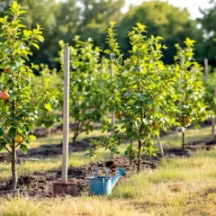 Jeunes arbres fruitiers alignés, certains portant des fruits rouges et jaunes. Un arrosoir bleu et une pelle sont posés près du collet d'un arbre.
