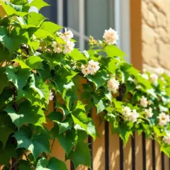 Des plantes grimpantes aux feuilles vertes luxuriantes et aux petites fleurs blanches s'épanouissent le long d'un mur ensoleillé.