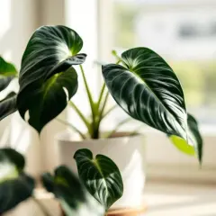 Une alocasia luxuriante, aux grandes feuilles vert foncé veinées, prospère en hydroponie près d'une fenêtre ensoleillée.