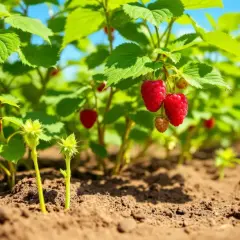Gros plan sur des framboises mûres sur un plant, suggérant un bon entretien framboisier. Le sol est bien préparé, prêt pour la récolte.