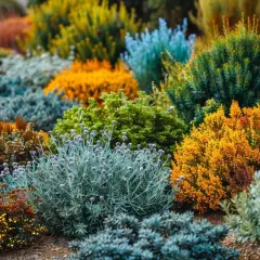 Un jardin luxuriant de plantes plein soleil sans arrosage, aux teintes vibrantes d'orange, jaune, vert et bleu, prospère sous le soleil.