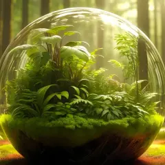 Un écosystème miniature dans une sphère de verre, parfait pour faire un terrarium. Des plantes luxuriantes et de la mousse créent un monde verdoyant.
