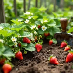 Un champ de fraises mûres, une variété de fraise parfaite pour la récolte, avec une petite pelle à proximité.