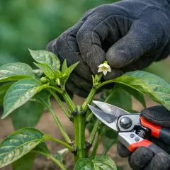 Main d'un jardinier en gant noir taillant une jeune pousse de poivron, observant la taille des poivrons pour une meilleure croissance.
