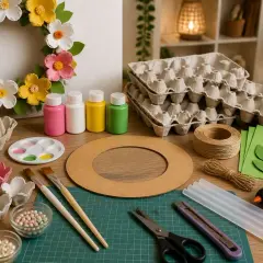 Matériel pour un diy couronne de fleurs : carton d'œufs, peinture, ciseaux, colle chaude, ficelle, et fleurs en papier.