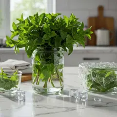 Des bouquets de menthe fraîche dans des bocaux en verre, prêts à être utilisés. Idéal pour savoir que faire avec de la menthe fraîche.