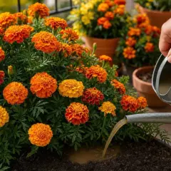 Un arrosoir verse de l'eau sur un parterre de fleurs de œillet orange vif, les faisant prospérer.
