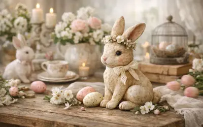 Lapins, œufs et fleurs composent une scène de Pâques charmante. Une belle idée déco pour Pâques, pleine de douceur.