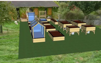 Un modèle de jardin potager avec des carrés surélevés, des mini-serres et une structure en bois, prêt à accueillir des plantations.