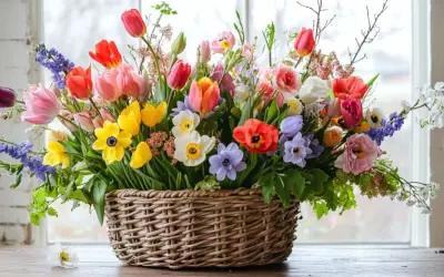Panier débordant de tulipes, jonquilles et autres fleurs printanières, une parfaite fleur du mois d'avril.