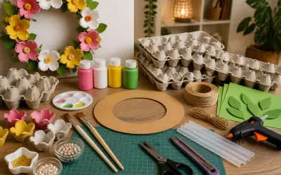 Matériel pour un diy couronne de fleurs : carton d'œufs, peinture, ciseaux, colle chaude, ficelle, et fleurs en papier.