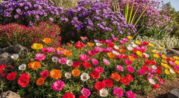 Un tapis de fleurs d'automne aux couleurs vives : roses, rouges, oranges, jaunes et blancs, bordé de rochers.