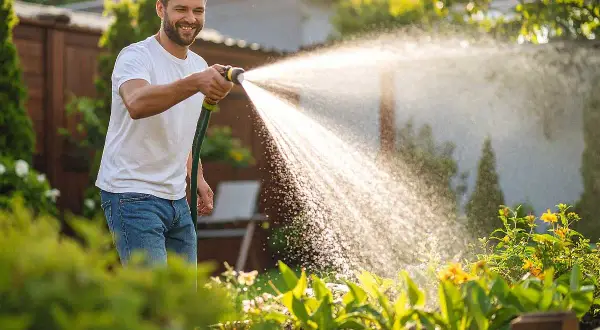 Un homme arrose son jardin avec un jet d'eau. Il se demande peut-on arroser avec de l'eau verte ? Les plantes semblent apprécier.