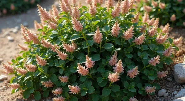 Un buisson de ceanothe rampant aux fleurs roses pâles, avec des feuilles vertes foncées et un sol caillouteux.