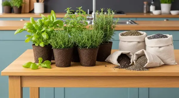 Plantes aromatiques en pots et sacs de terreau sur une table en bois. Quel terreau pour plantes aromatiques ? Le bon choix pour un jardin savoureux.