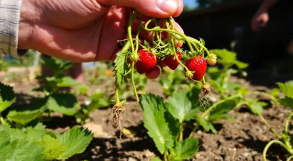 Main d'une personne tenant une grappe de fraises fraîchement cueillies, avec un champ de fraisiers en arrière-plan.