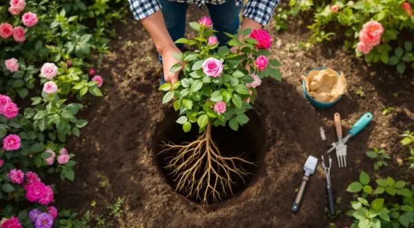 Un homme s'apprête à planter un rosier aux fleurs roses dans un trou béant, entouré d'autres rosiers en fleurs.