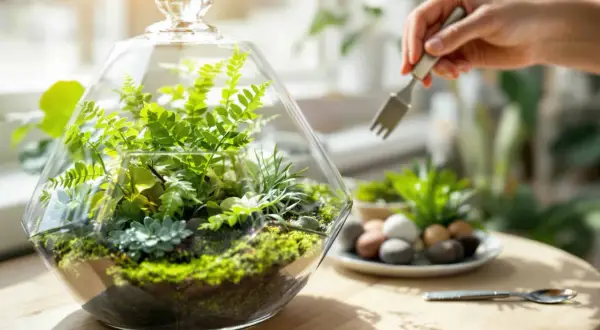 Un terrarium abrite une **plante d'intérieur et d'extérieur** luxuriante, entretenue avec soin par une main tenant une petite fourche.