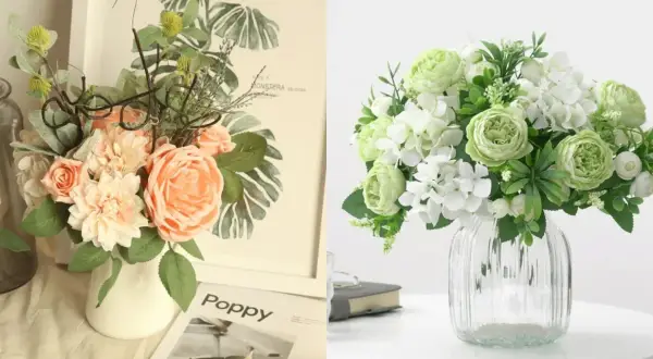 Comment faire un bouquet de fleurs artificielles : deux exemples, l'un avec des roses pêche et des dahlias, l'autre avec des pivoines et hortensias verts et blancs.