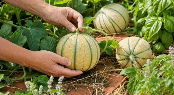 Mains tenant un plant de melon mûr, prêt à être cueilli. D'autres melons sont visibles dans le jardin luxuriant.