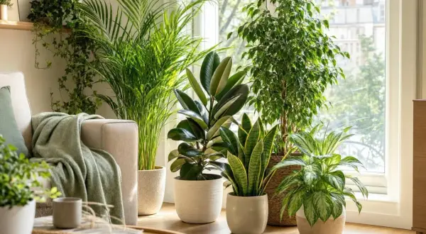 Un salon lumineux avec plusieurs plantes d'intérieur luxuriantes, dont un ficus et un caoutchouc, créant une ambiance tropicale. Chaque plante d'intérieur qui aime la chaleur prospère près de la fenêtre.