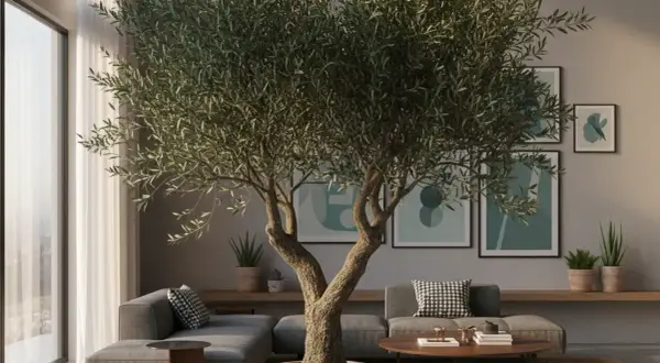 Un grand olivier intérieur maison, au tronc noueux, trône au milieu d'un salon moderne aux canapés gris et aux tableaux abstraits.