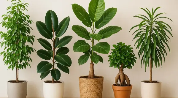 Cinq plantes d'intérieur aux feuillages variés, présentées sur un fond clair.
