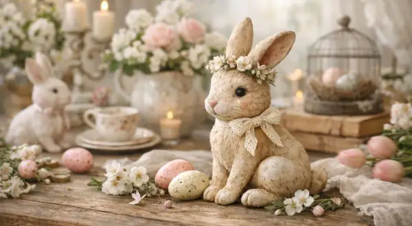 Lapins, œufs et fleurs composent une scène de Pâques charmante. Une belle idée déco pour Pâques, pleine de douceur.