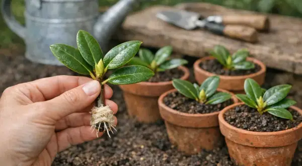 Une main tient un jeune rhododendron prêt à être planté. Des pots en terre cuite remplis de terre et un arrosoir sont visibles en arrière-plan, illustrant comment planter un rhododendron.