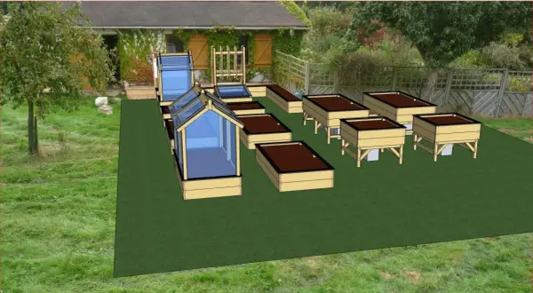 Un modèle de jardin potager avec des carrés surélevés, des mini-serres et une structure en bois, prêt à accueillir des plantations.