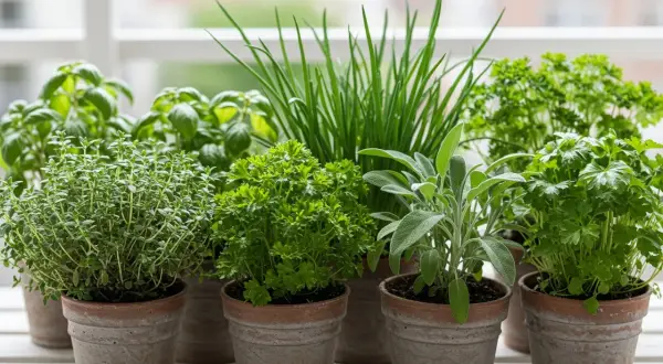 Un assortiment de plantes aromatiques en pots : thym, persil, ciboulette, sauge, basilic. Idéal pour savoir quelles plantes aromatiques planter ensemble.