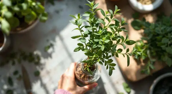 Une main tient un bocal en verre avec des boutures de sauge dans l'eau, prêtes à prendre racine.